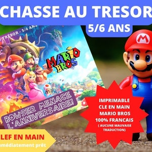 Peut inclure: Une chasse au trésor imprimable sur le thème de Mario Bros. pour les enfants de 5 à 6 ans. L'image présente une illustration colorée des personnages de Mario Bros. et une étoile rouge avec le texte "Bowser Menace L'Anniversaire!" Le texte "CHASSE AU TRESOR - 5/6 AN" est visible en haut à gauche. Le texte "5/6 ANS" est visible en haut à droite. Le texte "IMPRIMABLE CLE EN MAIN MARIO BROS 100% FRANCAIS (AUCUNE MAUVAISE TRADUCTION)" est visible en bas à droite.