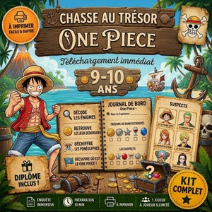 Puede incluir: Un kit imprimible de búsqueda del tesoro de One Piece para niños de 9 a 10 años, con una ilustración de personaje, un diario de a bordo con acertijos, una lista de sospechosos, un cofre del tesoro y un diploma, sobre un fondo de isla tropical.