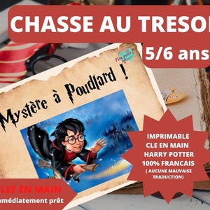 Pode incluir: Jogo de caça ao tesouro imprimível com tema Harry Potter para crianças de 5 a 6 anos. O jogo apresenta uma imagem de Harry Potter voando em uma vassoura na frente de Hogwarts. O texto na imagem diz "Mystère à Poudlard!" e "CHASSE AU TRESOR 5/6 ans".