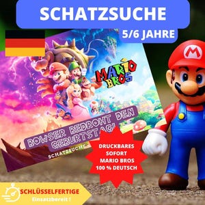 Könnte beinhalten: Ein Bild mit einem Produkt zum Thema Mario Bros. mit den Texten "SCHATZSUCHE" und "5/6 JAHRE". Eine Mario-Figur steht neben einem Spielcover mit "BOWSER BEDROHT DEN GEBURTSTAG!" und "MARIO BROS".