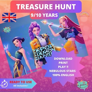 May include: A promotional graphic for a game called "Treasure Hunt" featuring three animated female characters. The text includes "K-POP DEMON HUNTER", "9/10 YEARS", and "DOWNLOAD PRINT PLAY !!". The background is a gradient of blues and purples.