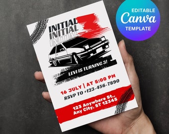Initial 3, JDM Car Themed Birthday Invitation, Editable Sports Car Party Invite, Digital Car Birthday Party Invitation Template