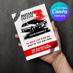 Inicial 3, convite de aniversário com tema de carro JDM, convite para festa de carro esportivo editável, modelo de convite de festa de aniversário de carro digital