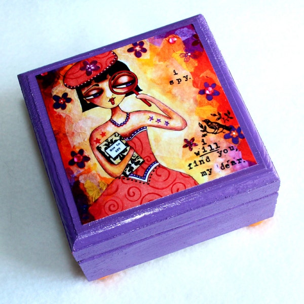 Small Jewelry Box, Spy Girl Art, Home Decor Box, Wood Trinket Keepsake Box, Orange Purple, Detective, Gift for Teen Child Friend Woman