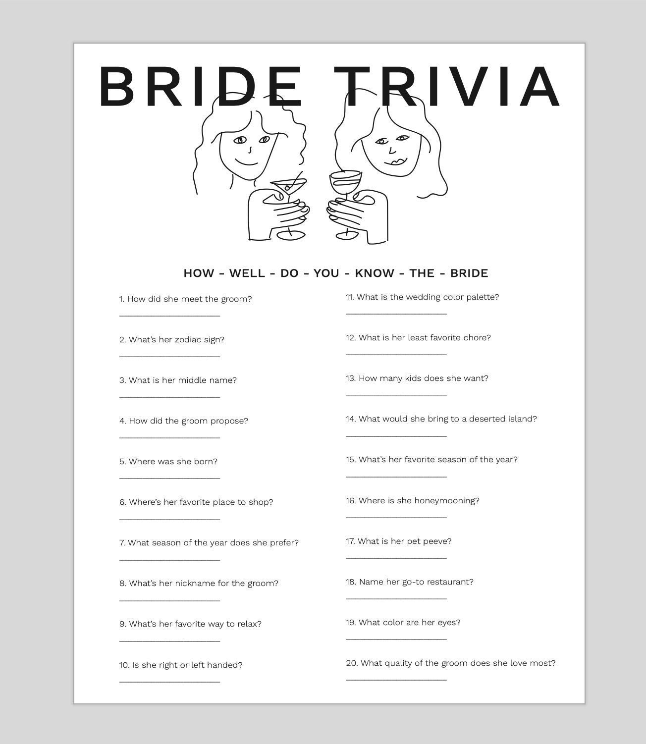 Braut-Trivia - Wer kennt die Braut am besten - Brautparty & Junggesellinnenparty zum Ausdrucken