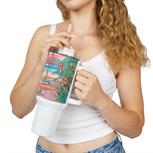 Colorful Beach Scene Tumbler, 40oz Custom Design Relaxing Ocean