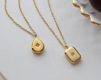 Collar con colgante de gota de agua bañado en oro de 18 quilates, colgante rectangular resistente al agua, joyería de acero inoxidable, collar de cadena delicada.