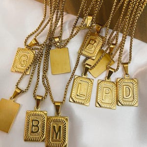 Personalized Gift, 18K Gold Initial Letter Necklace, Custom Initial Pendant Necklace, Rectangle Alphabet Stainless Steel Unisex Jewelry Gift