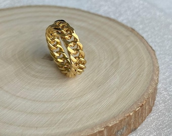 18K Gold Chain Ring, Curb Chain Ring Women, Waterproof Jewelry, Thick Cuban Link Chain Ring, Tarnish Free Stainless Steel Ring, Gift for Her