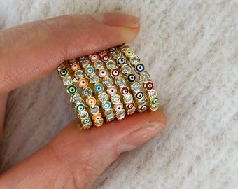 Gold Evil Eye Ring, Adjustable Ring Woman, Colorful Open Ring, Green Blue Pink Red Black Orange Evil Eve Ring, Stackable Friendship Gift