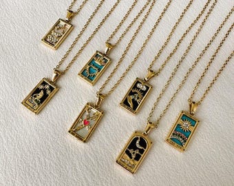 Collier tarot en or, collier carte de tarot, bijoux en acier inoxydable imperméables, collier ras de cou à breloques, collier minimaliste, cadeau d'anniversaire
