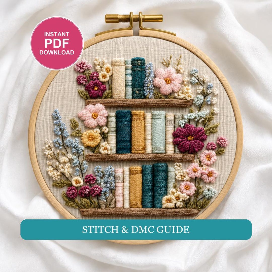 Floral Bookshelf Embroidery Pattern PDF | Hand Embroidery Design | 6 ...