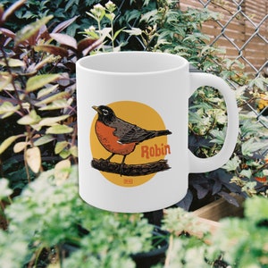 Hood Robin Mug, Bird Lover, White Ceramic Mug 11oz, Original illustration by Brunofsky