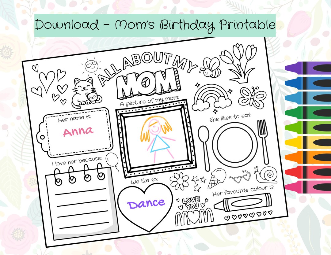 Mom's Birthday Printable, Gift for Mom, Card for Mom, Activity Page, Kids Activity, Coloring ...
