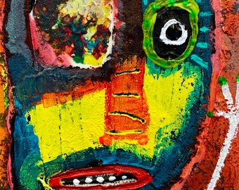 Tracey Ann Finley Original ACEO mini Acrylic Abstract Portrait Face Painting Colorful Outsider Raw Brut Eye Fell Out ATC