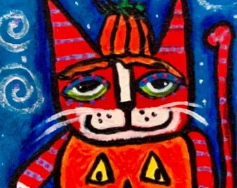 Tracey Ann Finley ACEO Limited Edition Print Cats In Costumes Series Pumpkin Patch Kitty Cat 1 of 12 Signed Free Shipping