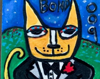 Tracey Ann Finley ACEO Limited Edition Print Cats In Costumes Series Secret Agent Max Bond 009 Kitty Cat 1 of 12 Signed Free Shipping