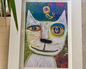 Tracey Ann Finley Matted & Framed Art Print created from my Original Art White Kitty Cat Yellow Bird Gift Colorful Artwork