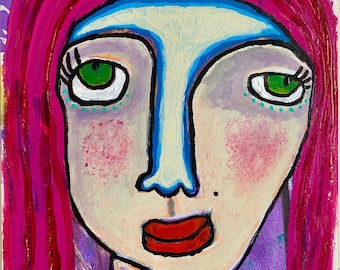 Tracey Ann Finley Original Naive Raw Brut Folk Art Acrylic Paper Painting 9x12 Pink Hair Lady The Cool Chick Portrait OOAK on Paper