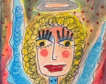 Tracey Ann Finley Original ACEO mini Acrylic/Mixed Media Painting My Blue Angel  Halo Wings one of a kind ATC