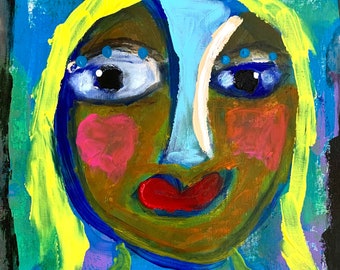 Tracey Ann Finley Original Naive Raw Brut Folk Art Acrylic Portrait Painting 12x12 Paper Painting Faces Around Town Series