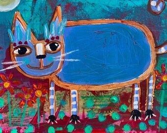 Tracey Ann Finley Original Naive Raw Brut Folk Art Acrylic Paper Painting 9x12 Inner Child Series Colorful Kitty Cat #3 Fat Cat Garden