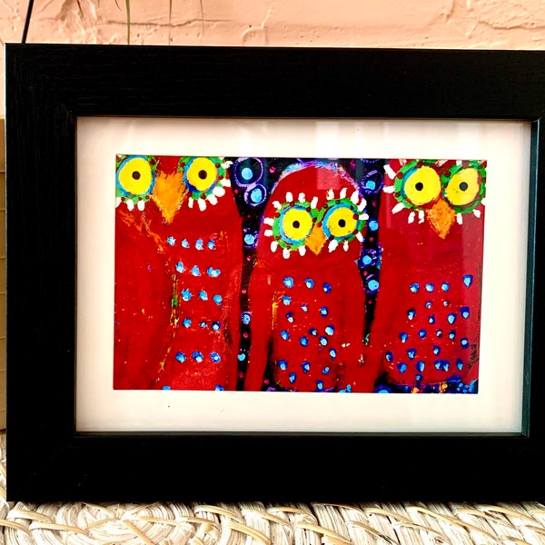 Tracey Ann Finley Matted & Framed Art Print created from my Original Art Three Red Owls Gift Colorful Artwork
