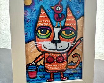 Tracey Ann Finley Framed Art Print created from my Original Art Bikini Kitty Cat Red Bird Beach Day