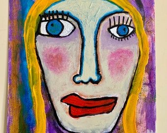 Tracey Ann Finley Original Naive Raw Brut Folk Art Acrylic Paper Painting 9x12 blonde Lady Blue Eyes Portrait OOAK on Paper