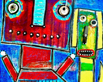 Tracey Ann Finley Original Mixed Media Found Object Dog Painting on Wood Robot and Dogbot