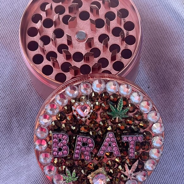 Bling Bedazzle Grinder “brat <3” 2.5 in copper Metal spice/recreational Grinder, 4-Layer