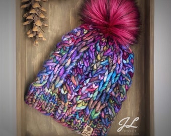 Hand Knit Merino Wool Woman's Beanie with Faux Fur Pom Pom, Multicolor Cable Soft Cozy Winter Hat, Adult Jewel-Toned Toque, Ready to Ship