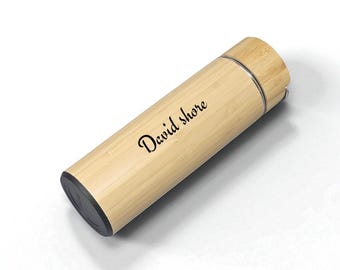 Personalisierte Bambusthermoskanne - Gravierte Name Wiederverwendbare Heißgetränkebecherflasche - Thermisch isoliertes Öko-Geschenk