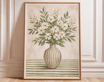 Vintage Daisy Floral Vase Art Print | Neutral Cottagecore Wall Decor ...