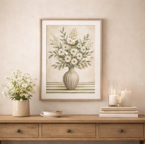 Vintage Daisy Floral Vase Art Print | Neutral Cottagecore Wall Decor ...
