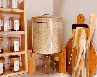 Rice Dispenser, Food Storage Containers, Glass Cereal Container with Airtight Bamboo Lids & Wooden Stand, Kitchen and Pantry Organization