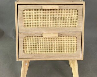 Rattan Nightstand, Tall Nightstand with Drawer, Modern Wood End Table, Side Table with Storage, Nightstand for Bedroom