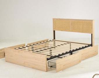 Queen Bed Frame with Natural Rattan Headboard, Boho Cane Bed Mattress Foundation, Metal Platform Strong Wooden Slats Support, Rattan Bed