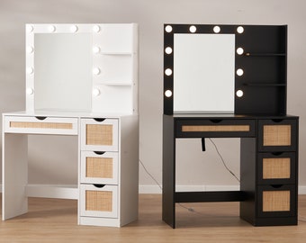 Rattan Vanity Makeup Desk, LED-Lit Vanity Table, Bedroom Makeup Vanity, Rattan Vanity with Mirror, Rattan Vanity Set for Bedroom