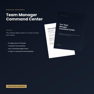 May include: A digital resource titled Team Manager Command Center featuring a 10-page PDF guide, an Excel workbook, a budget tracker, and 5 email templates. The dark navy background displays white text and two document pages with matching branding.