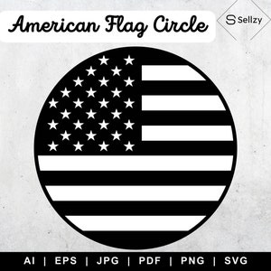 May include: Black and white circle design of the American flag. The circle features the stars and stripes of the US flag.
