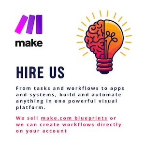 Könnte beinhalten: Eine farbenfrohe Illustration einer Glühbirne mit einem Gehirn im Inneren, die Ideen und Automatisierung repräsentiert. Der Text "HIRE US" ist in fetten blauen Buchstaben geschrieben. Der Text darunter erklärt, dass das Unternehmen alles in einer leistungsstarken visuellen Plattform erstellen und automatisieren kann. Das Unternehmen verkauft auch Blaupausen oder erstellt Workflows direkt auf Ihrem Konto. Der Text "make.com" ist in der Beschreibung enthalten.