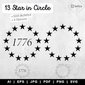 May include: A black and white design of thirteen stars in a circle with the number 1776 in the center. The design is repeated twice, with one design slightly larger than the other. The design is for a digital download.