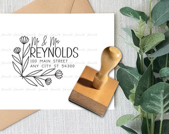 Modern Family Small Business Custom Return Address Rubber Stamp Handle Personalized with your Name Address Flowers