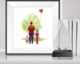 Customized Print | Custom Father and up to Two kids Gift | Father's Day illustration  Dad Daughters Son Family Print | Fashion illustration