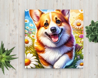Corgi Dog 12x12 Canvas with Daisy Flowers