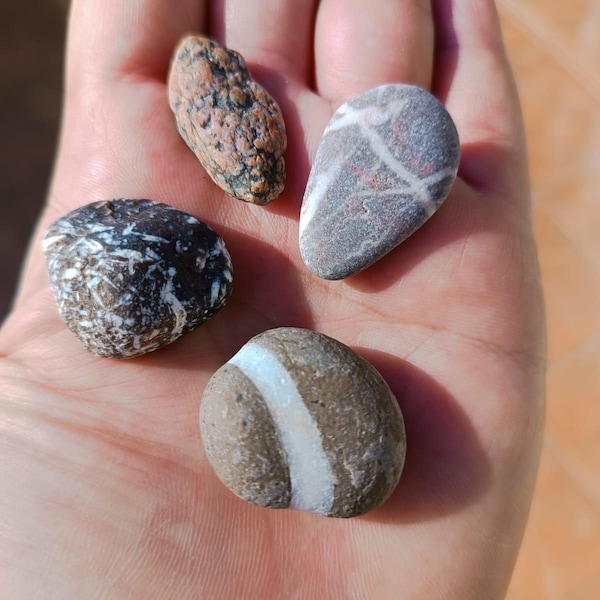 4 Rare and Unique Beach Stones - Vibrant Colors and Amazing Shapes, a special amulet or a touch of nature for your home