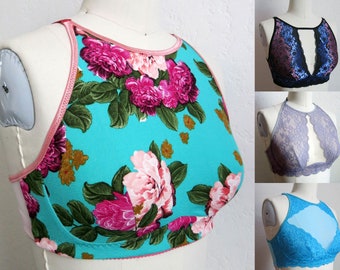 Delvine Bralette PDF sewing pattern: high neck bra for low stretch fabrics