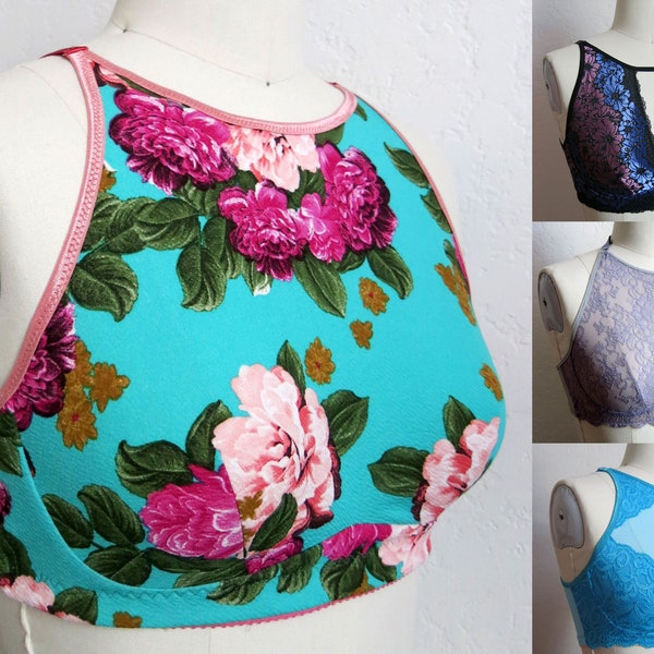 Delvine Bralette PDF sewing pattern: high neck bra for low stretch fabrics