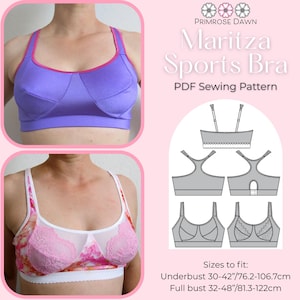 May include: A sports bra sewing pattern with two bra examples: a purple bra with pink trim and a pink floral lace bra. The image includes bra diagrams and text that reads "Maritza Sports Bra PDF Sewing Pattern". Sizes fit underbust 30-42 inches and full bust 32-48 inches.